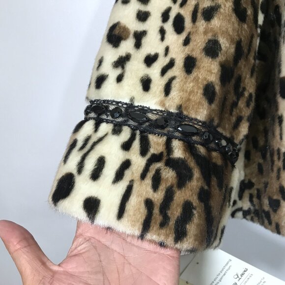Terry Lewis Faux Fur Cropped Jacket Leopard Print Beaded and Lace Detail  NEW L - Picture 8 of 15
